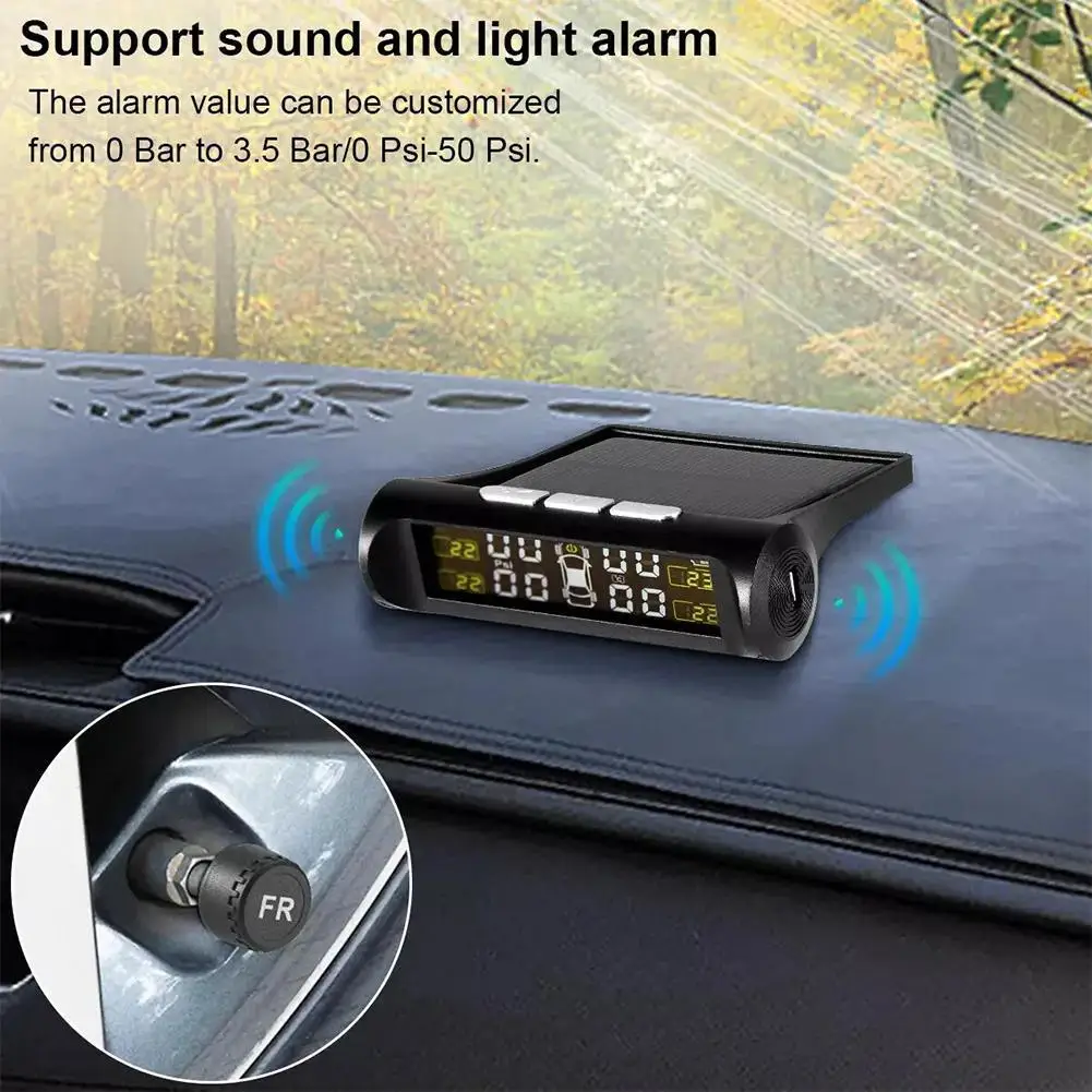 Solarbetriebenes Reifendruckkontrollsystem für Autos, kabelloses TPMS, automatischer Reifendruckalarm mit 4 externen Sensoren und Anzeige. – Detail 7
