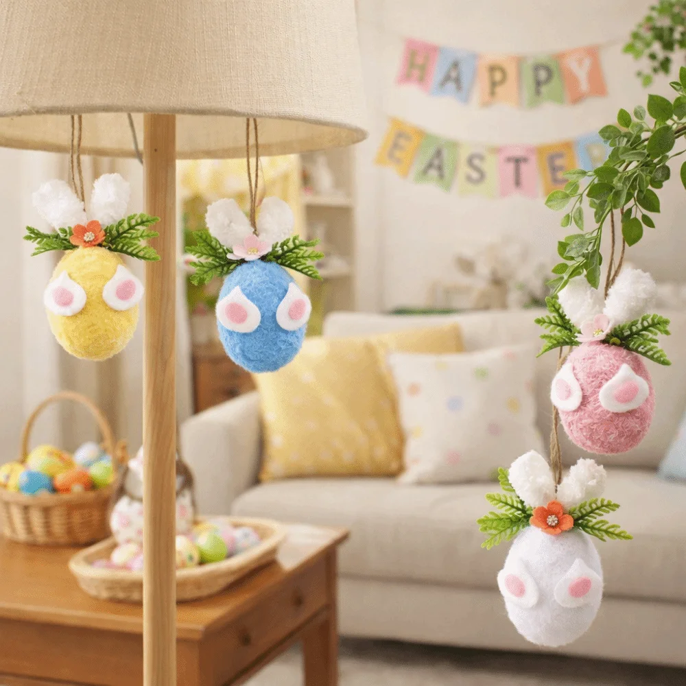 Flower Dot Foam Easter Eggs Rabbit Design Colorful Easter Eggs Gift Decorative with Rope Hanging Flower Egg Party