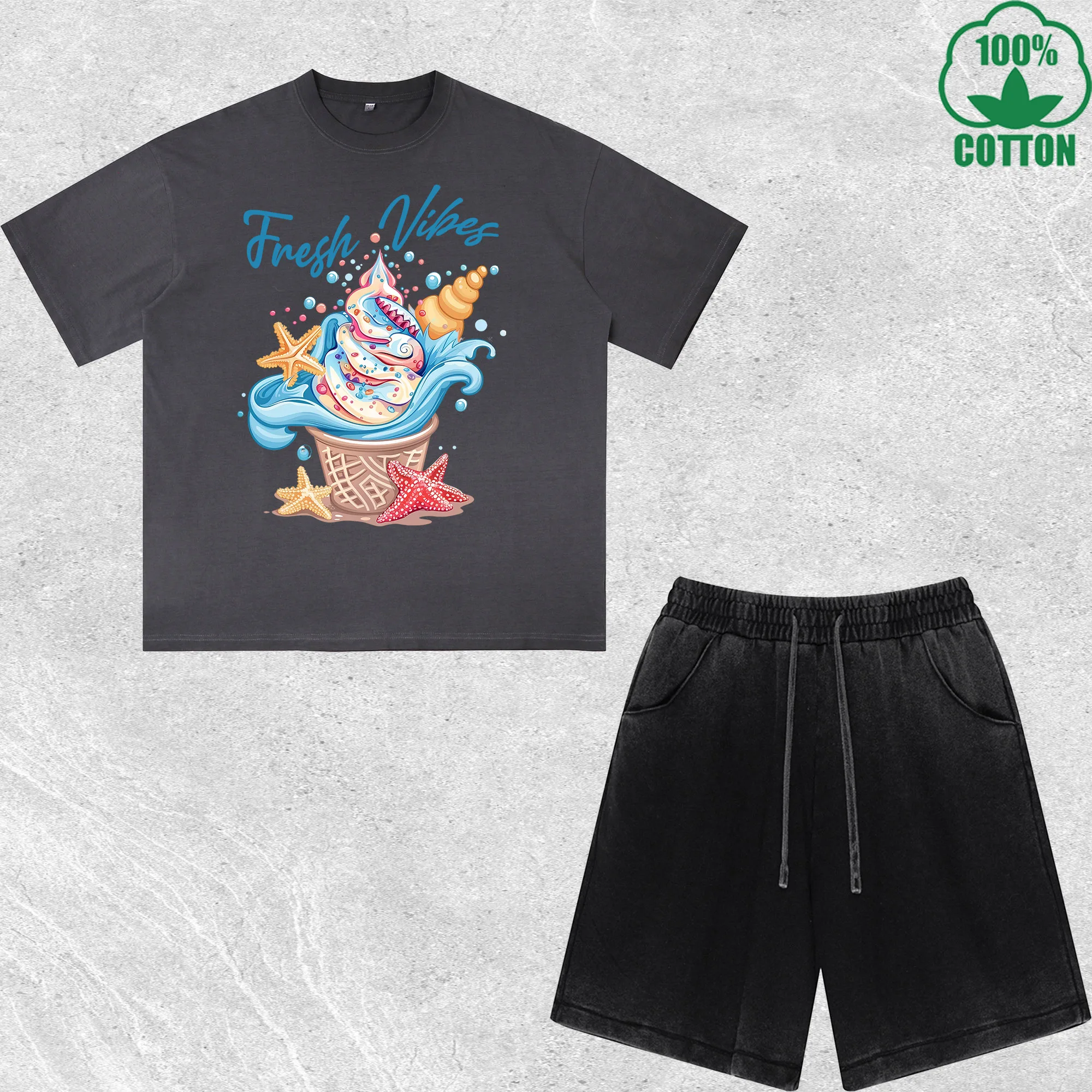 

Fresh Vibes Printed Dirty Wash T-Shirt Shorts Set Multicolor Combo Loose Trendy Fashionable 100%Cotton