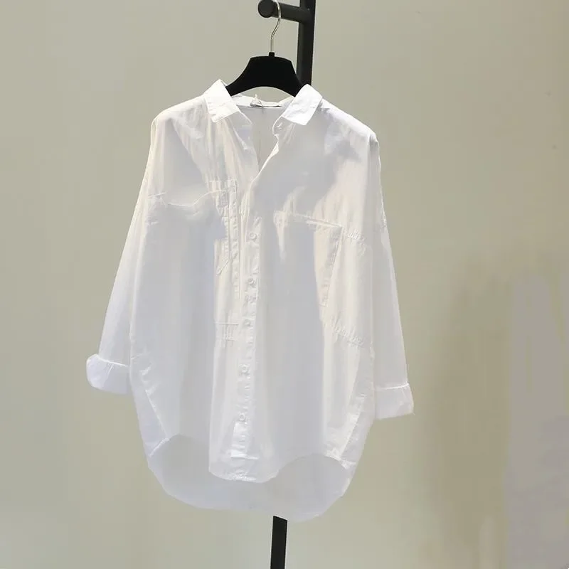 2024 Autumn Korean Edition Loose Double Pocket Mid length White Shirt Women's Design Sense BF Style Casual Shirt Trend