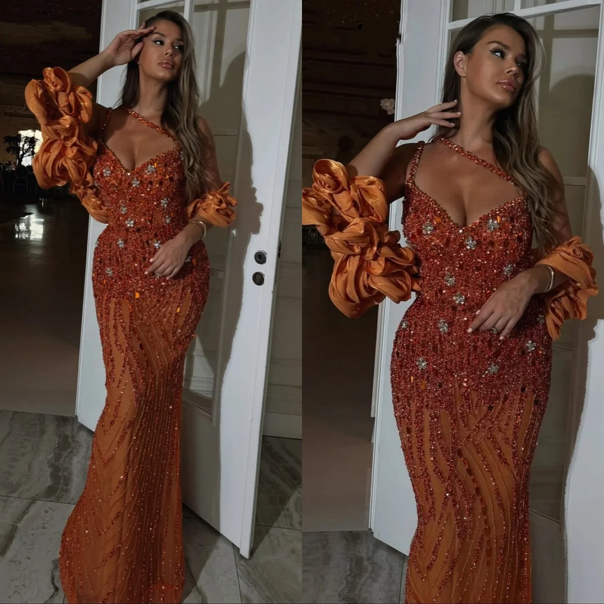 Abiti da sera a sirena con illusione Abiti da ballo senza maniche con scollo a cuore Guaina con perline di cristallo Abiti da festa lunghi fino al pavimento personalizzati