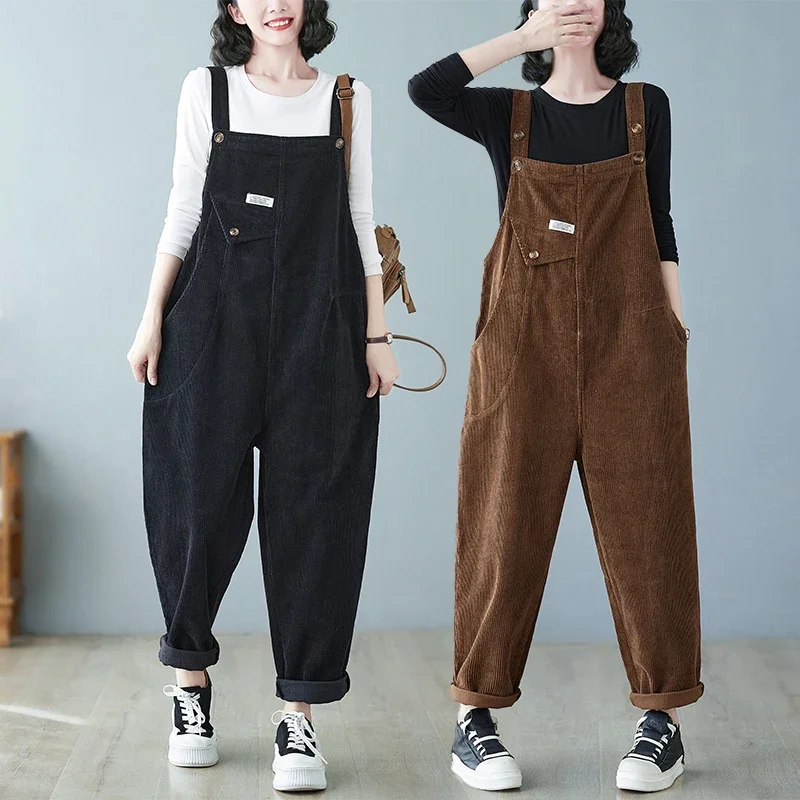 

Fashion Winter Corduroy Dungarees For Women Romper Casual Streetwear Loose Ladies Jumpsuits Straps Overalls Wide Leg Pants ZL526