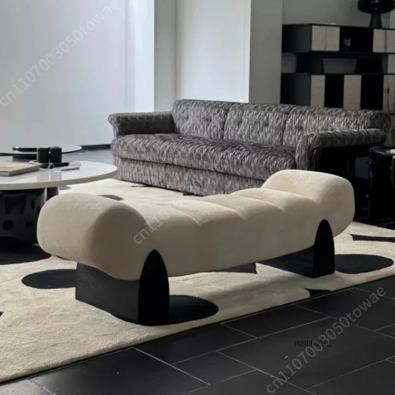 Wave-Shaped Accent Bench, Black & White Teddy Fleece Upholstered Long Stool, Artistic Entryway Bench for Living Room & Hallway