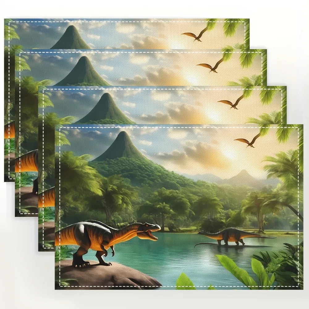 Set of 4 Lake Forest Dinosaur Landscape Prehistoric Scene Placemat Linen Kids Table Mat for Fun Dining