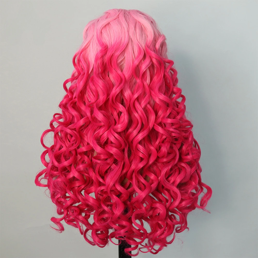 Ombre Pink Colored Synthetic High Temperature Fibe Lace Front Pre Plucked Glueless Body Wave Wigs