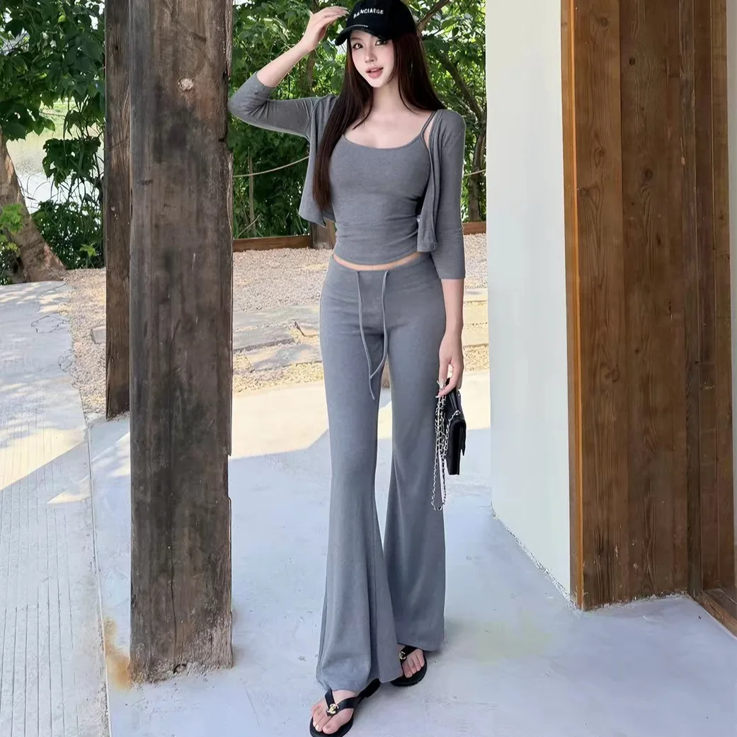 Women's Sporty Casual Set Short Long Sleeve Open Cardigan with Sling Spring Autumn Drawstring Flared Pants  Color Three-...
