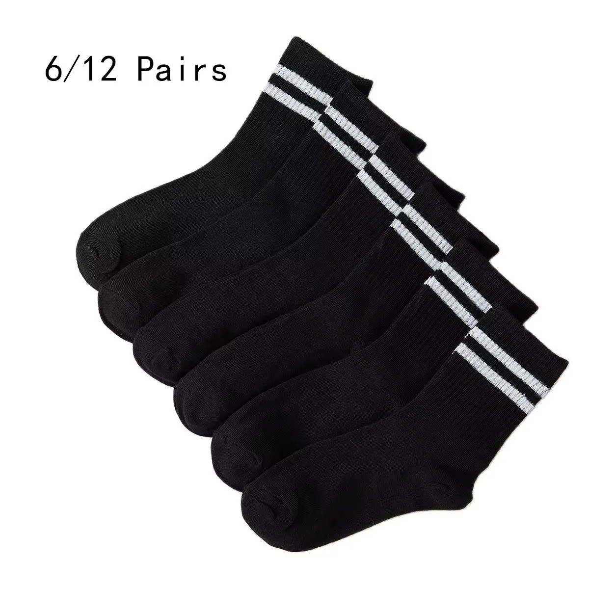 6/12 Pairs High Tube Mid Length Stockings Set For Men in Solid Black And White With Parallel Bars Popular and Sweat Absorption