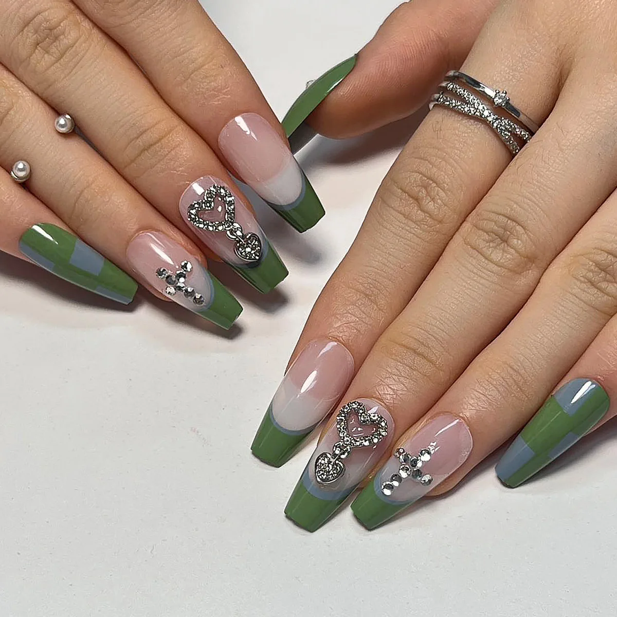 Blue Green Checkered French Short T-shaped Fake Nails Heart Cross Rhinestone Chic Finished False Nails Press on Nails with Glue