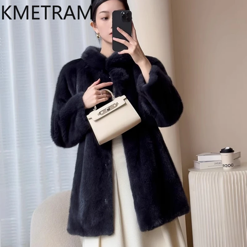 Real Mink Fur Coatผู้หญิงหรูหราสีน้ําเงินเข้มกลางความยาวเสื้อขนสัตว์คุณภาพสูงฤดูหนาวเสื้อผ้าผู้หญิงFurryแจ็คเก็ต 2025 Fourrure