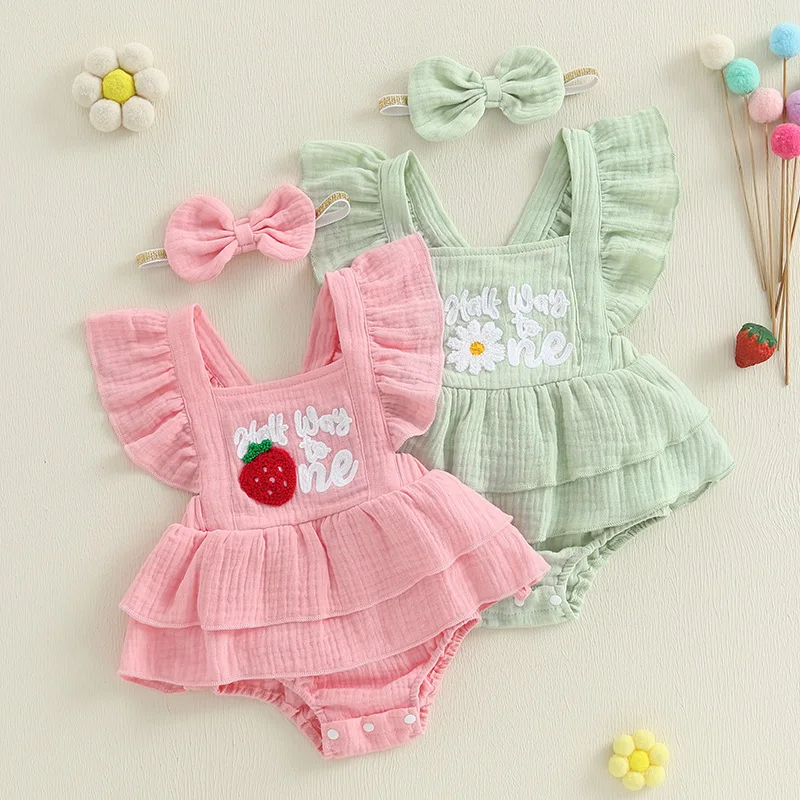

SUNSIOM Baby Girls Birthday Romper Dress Flying Sleeve Strawberry/Daisy Print Jumpsuit with Headband Outfits