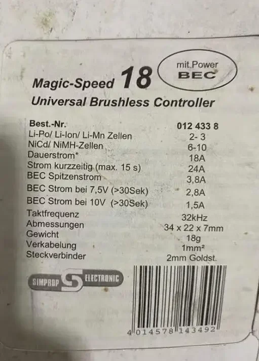 mit Power bec 012 433 8 Magic-Speed 18A Universal Brushless Controller  Motorcontroller für Brushlessmotoren2-3s 18A ESC