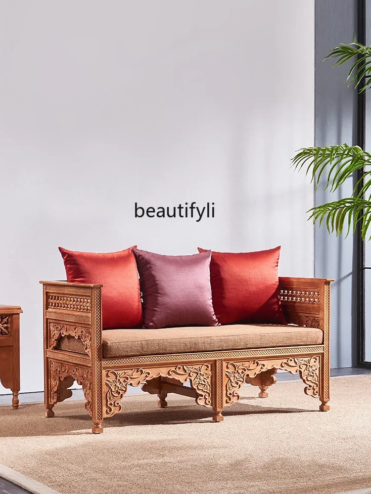 

07Thailand Handmade Solid Wood Double Seat Couch Thai Style Massage Room Hallway Couch