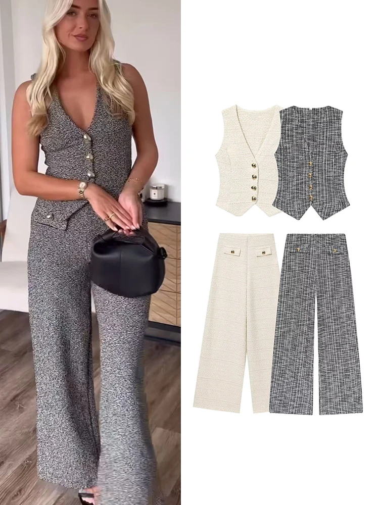 TFMLN nouveau bureau dames pantalon 2 pièces pantalon droit femmes mode Chic simple boutonnage gilet haut décontracté élégant banlieue tenues