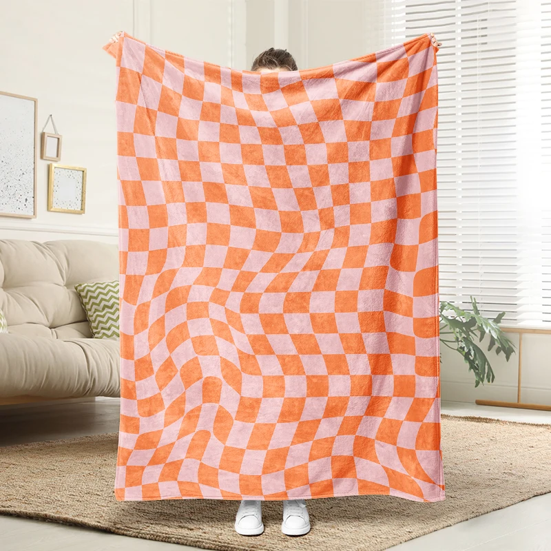 

Pink Orange Checkerboard Flannel Blanket Soft Plush Cozy Sofa Bed Decor Gift