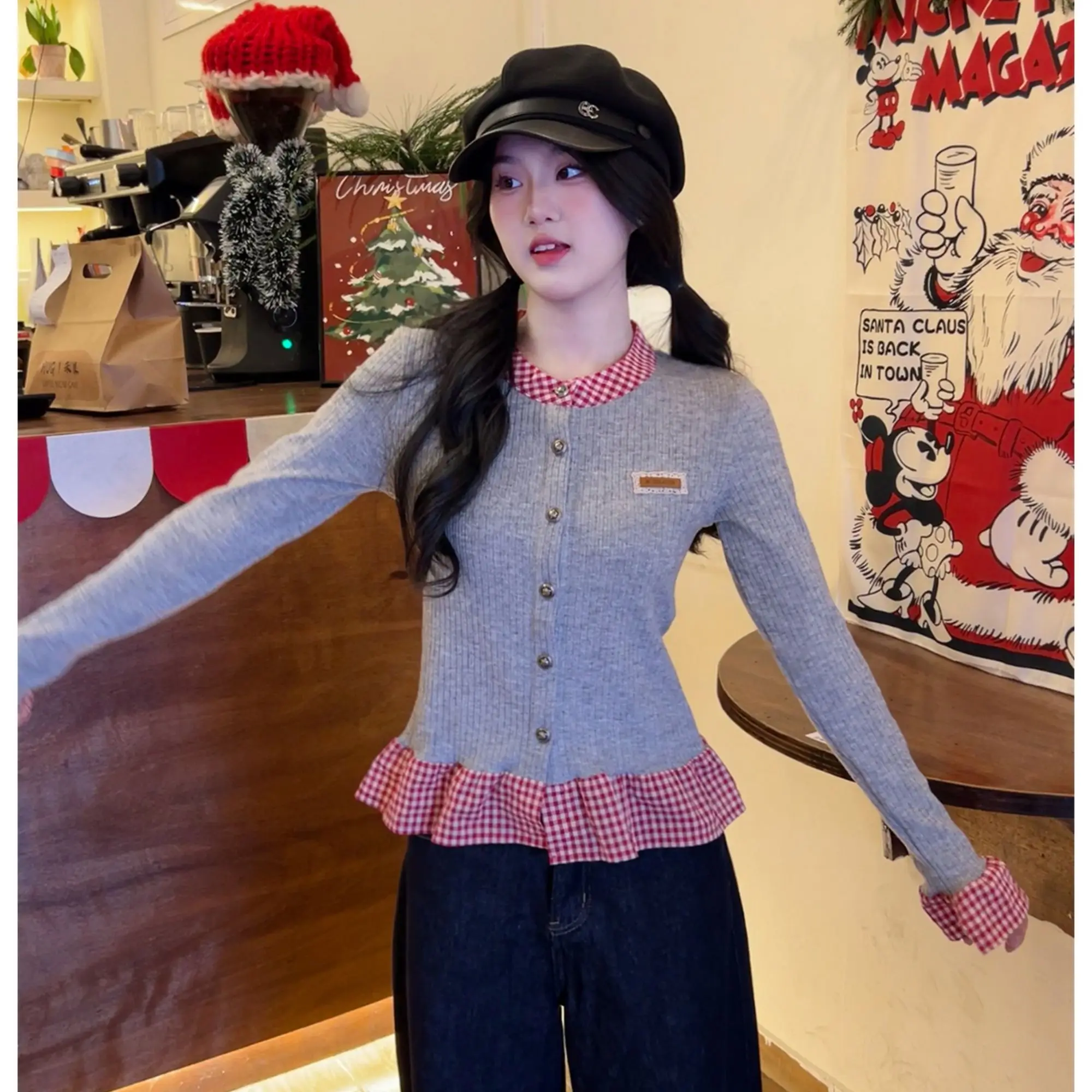 

Onalippa 2025 New Atmosphere Checkered Patchwork Fake Two Piece Long Sleeved Knitted Sweater Korean Slim Fit Versatile Top