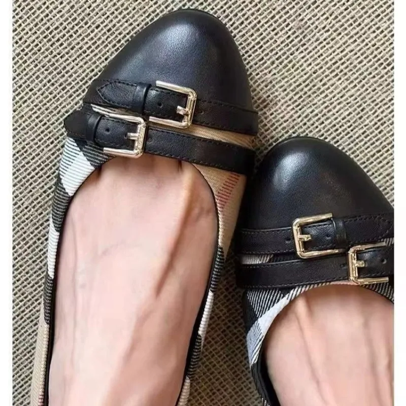 Fashion French Retro Style 2026 Single Shoes New Spring and Summer Spliced Belt Buckle Shallow Mouth Round Toe Flat Shoes view 3