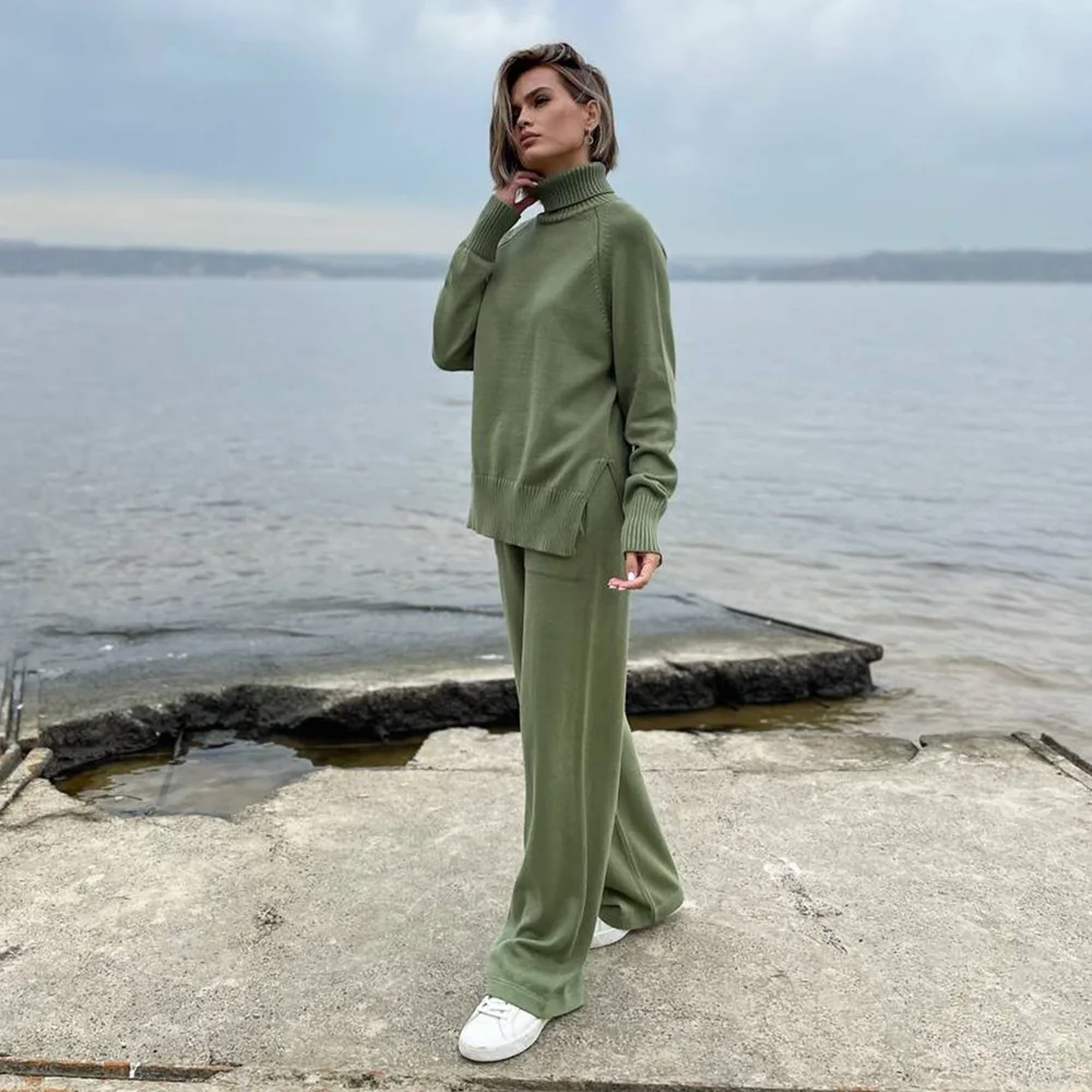 

Предпродажа, женские вязаные комплекты из 2 предметов, водолазка с разрезом по бокам, свитер-половер для женщин, женские широкие брюки с эластичной резинкой на талии