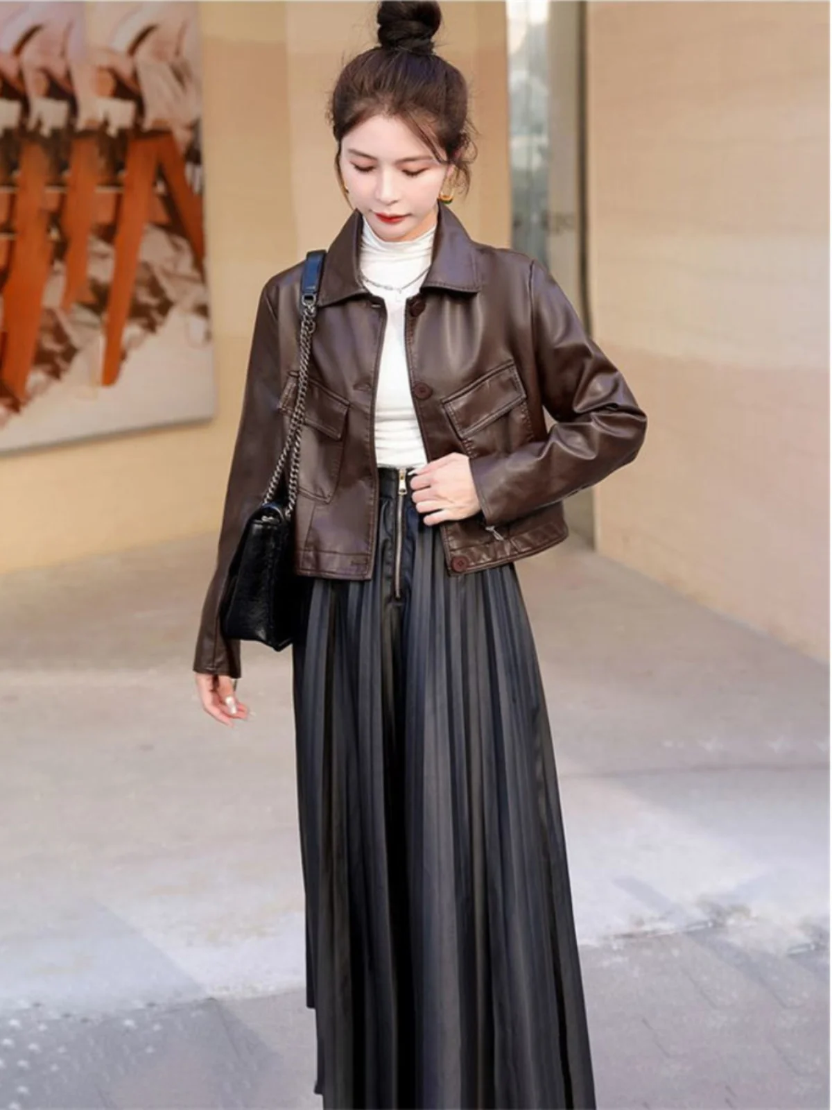 Jaqueta Feminina de Couro Macio e Moderna, Solta, com Gola Virada, Nova Coleção de Outono, Elegante e Casual para o Dia a Dia