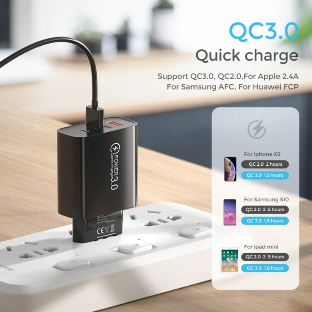 Cargador USB de carga rápida para teléfono móvil, adaptador de carga de pared 3,0 de 60W para iPhone, Samsung, Xiaomi y Huawei