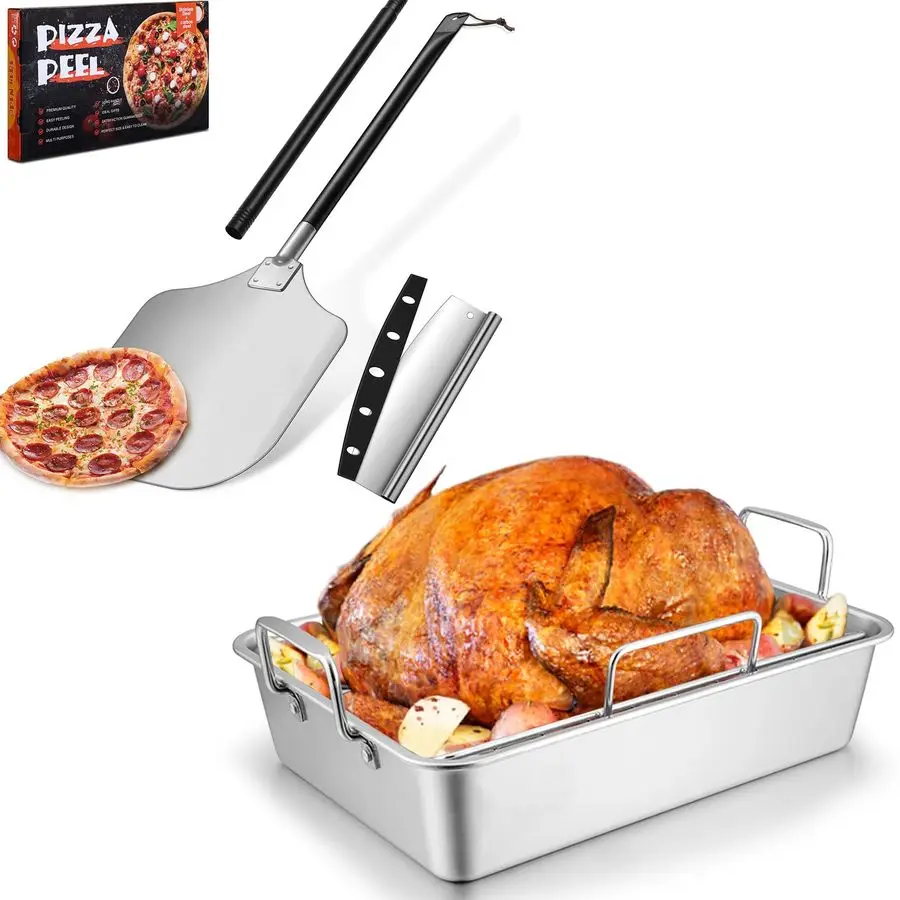 

Pan with Rack for Turkey Chicken amp Pizza Peel Aluminum 12 Inch, Joyfair Stainless Steel Roaster Pan and Vrack for Toaster Oven