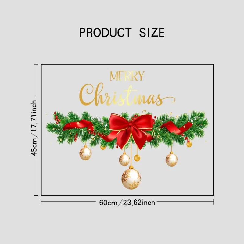 Sheet of Merry Christmas Static Cling Window Stickers, Christmas Ball Window Stickers with Pine Branches and Red Bows