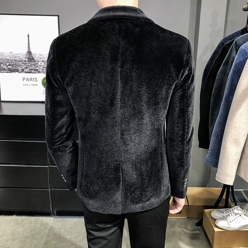 Fashion New Men\'s Suit Jacket Mink Velvet Material Business Casual Jacket One Buckle Korean Version of The Slim Men\'s Blazer