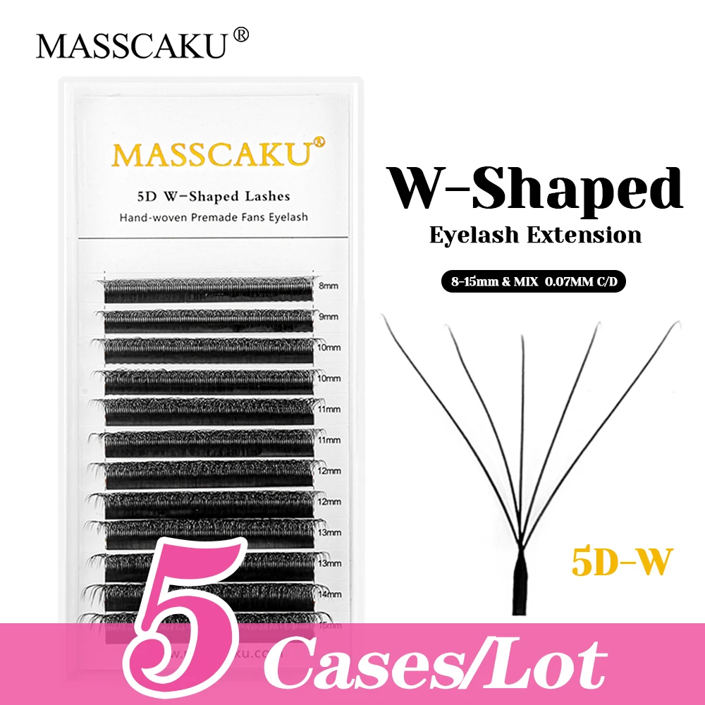 

5cases/lot Hot Sale MASSCAKU Handmade 6D/7D/8D/9D/10D W Shaped Eyelash 8-15mm Mix Size Fluffy W Design Lashes for Beauty Salon