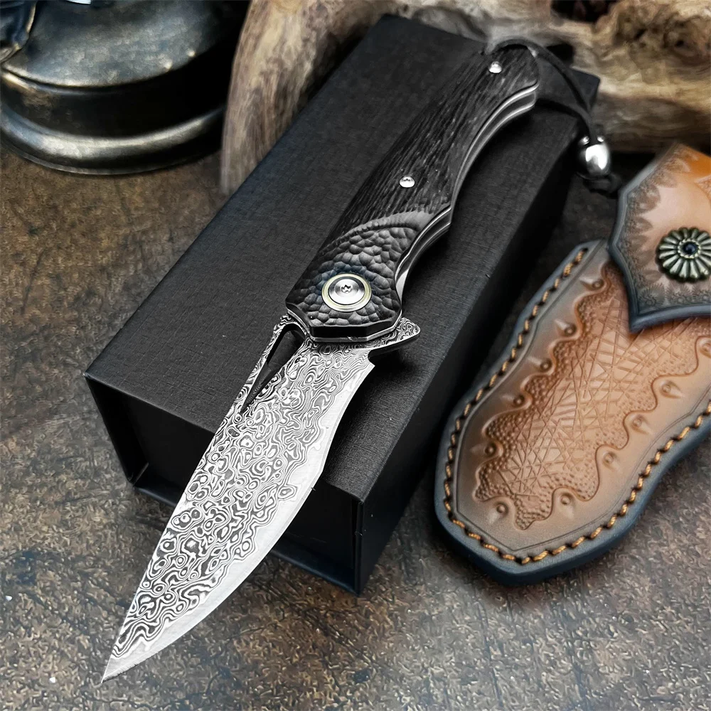 

Compact Damascus Steel Pocket Folding Knife with Black Walnut Handle & Leather Sheath Outdoor Camping Hiking and Tactical Gear