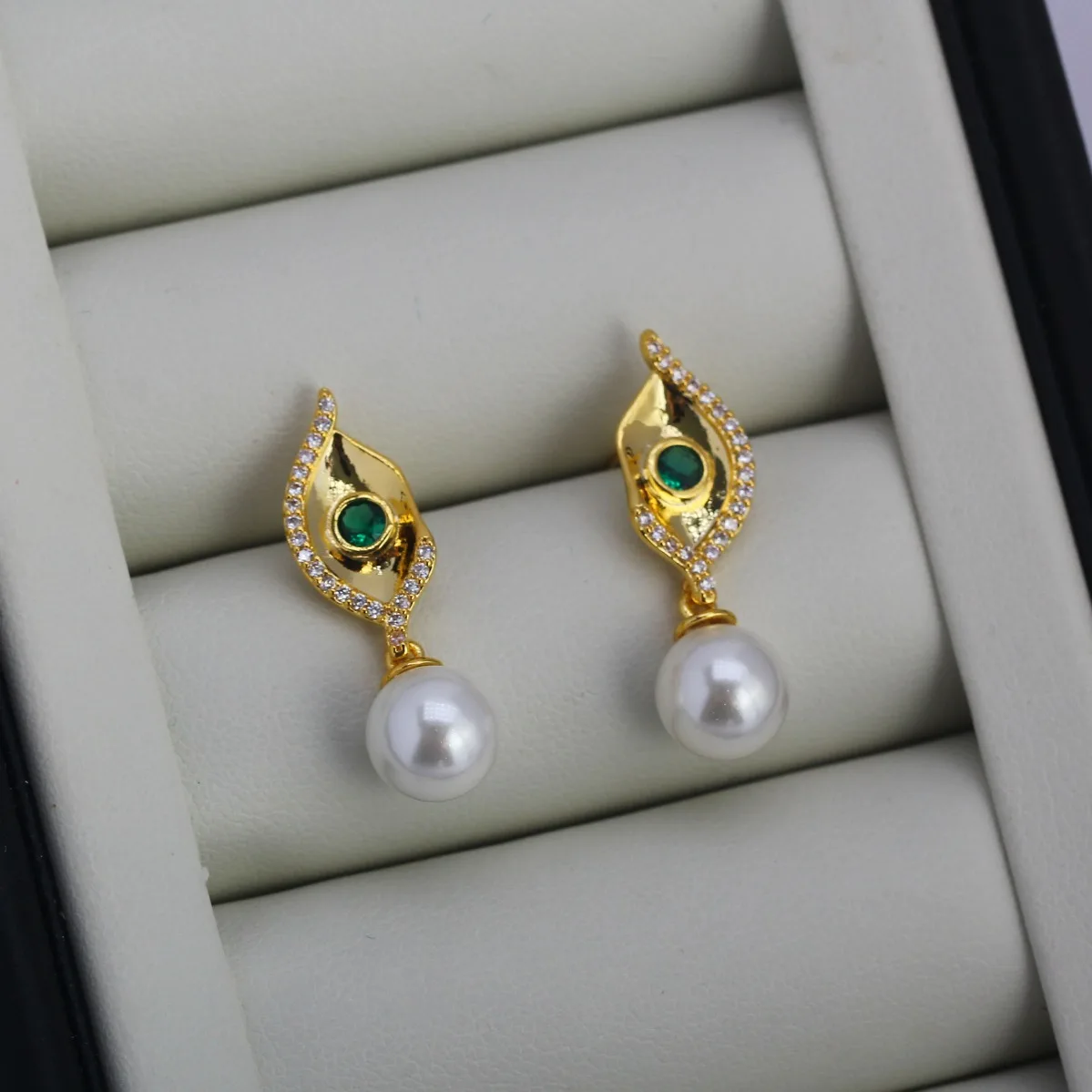 Brass Gold Plated Green CZ Rhombus Blank Setting S925 Silver Needle Women DIY Pearl Earring Accessories Exquisite Versatile