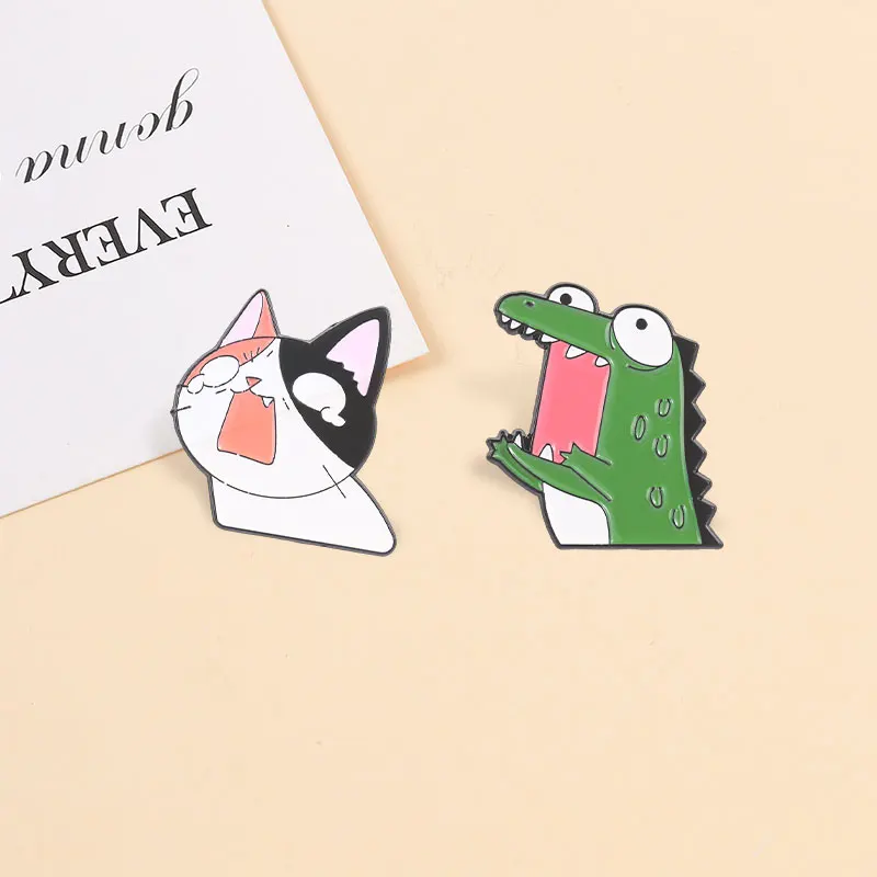 2pcs/set Cartoon Animal Series Enamel Pins Crocodile Calico Cat Shark Reading Goose Seagull Brooches Lapel Badge Jewelry Gifts - view 2