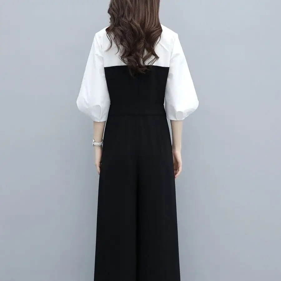 Summer New POLO Collar Fashion Three Quarter Korean Style Jumpsuits Women High Street Casual Loose Elegant Wide Leg Trousers