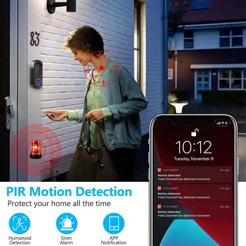 Tuya-インテリジェントドアベル,ナイトビジョン付きドアベル,屋外用,ホームカメラ,セキュリティビデオインターホン,wifi,1080p hd,ac,usb電源