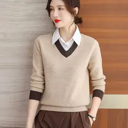 Fake Two Piece Top Women's Shirt Collar Wool Western-style Loos Thick Short Knit Base Shirt