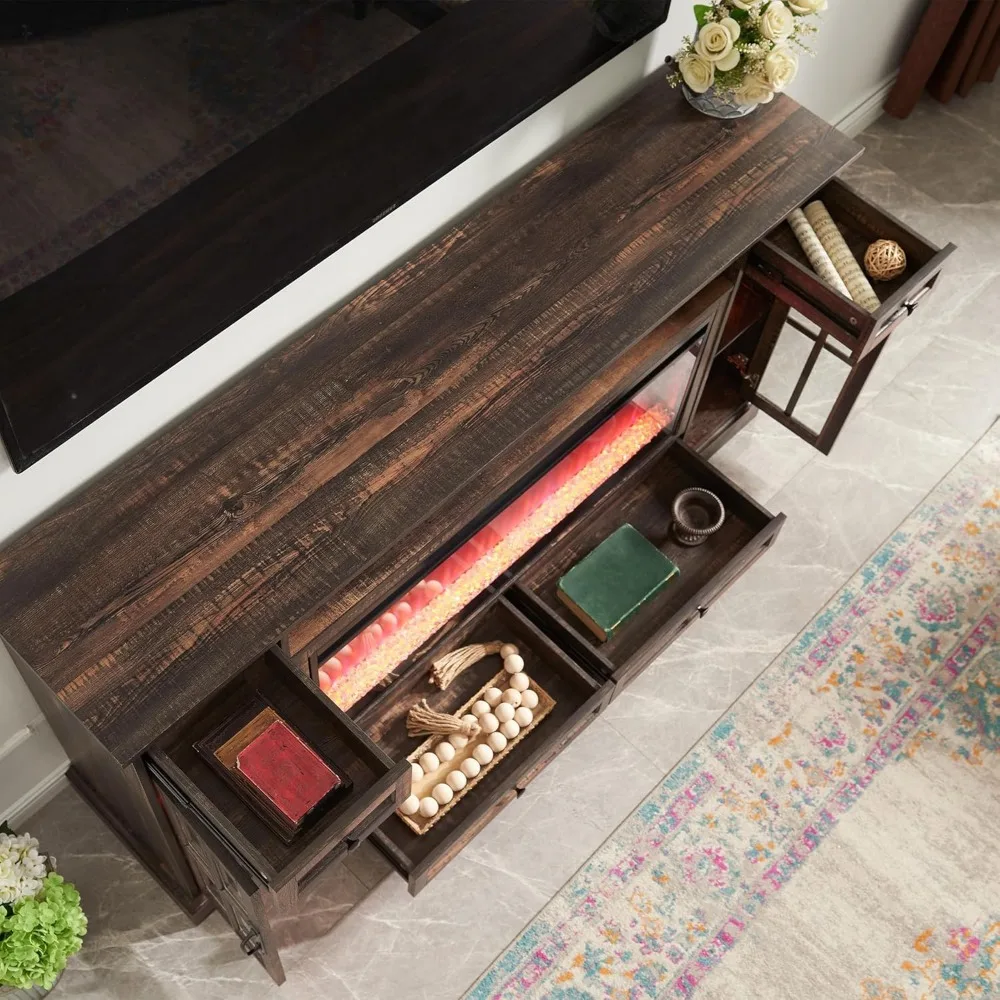 حامل تلفزيون RedLemon Farmhouse Fireplace لتلفزيون 80 بوصة، 36 مركز ترفيه طويل القامة مع 42 مدفأة كهربائية كريستالية، متوسط حديث