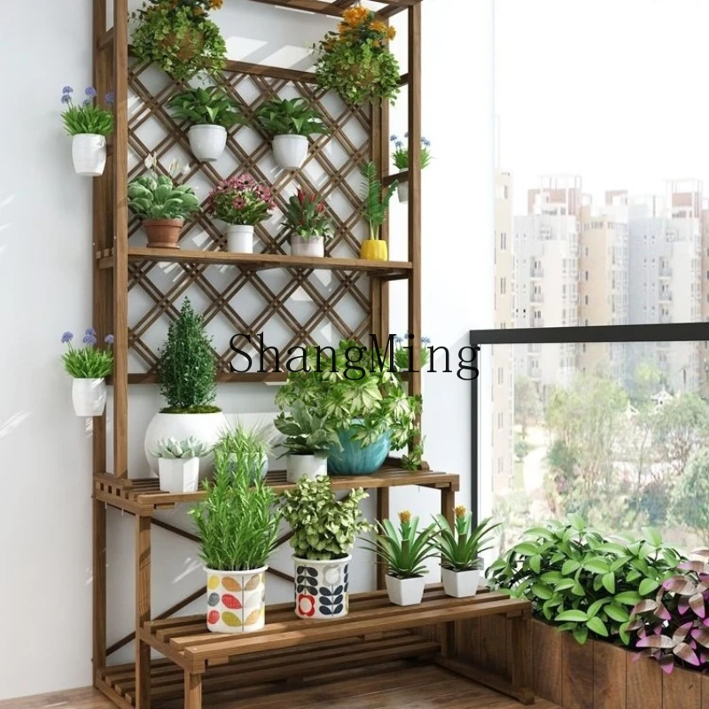 

FG Indoor Balcony Flower Stand Shelf Solid Wood Floor Type Multi-layer Flower Shelf Outdoor Flower Pot Shelf