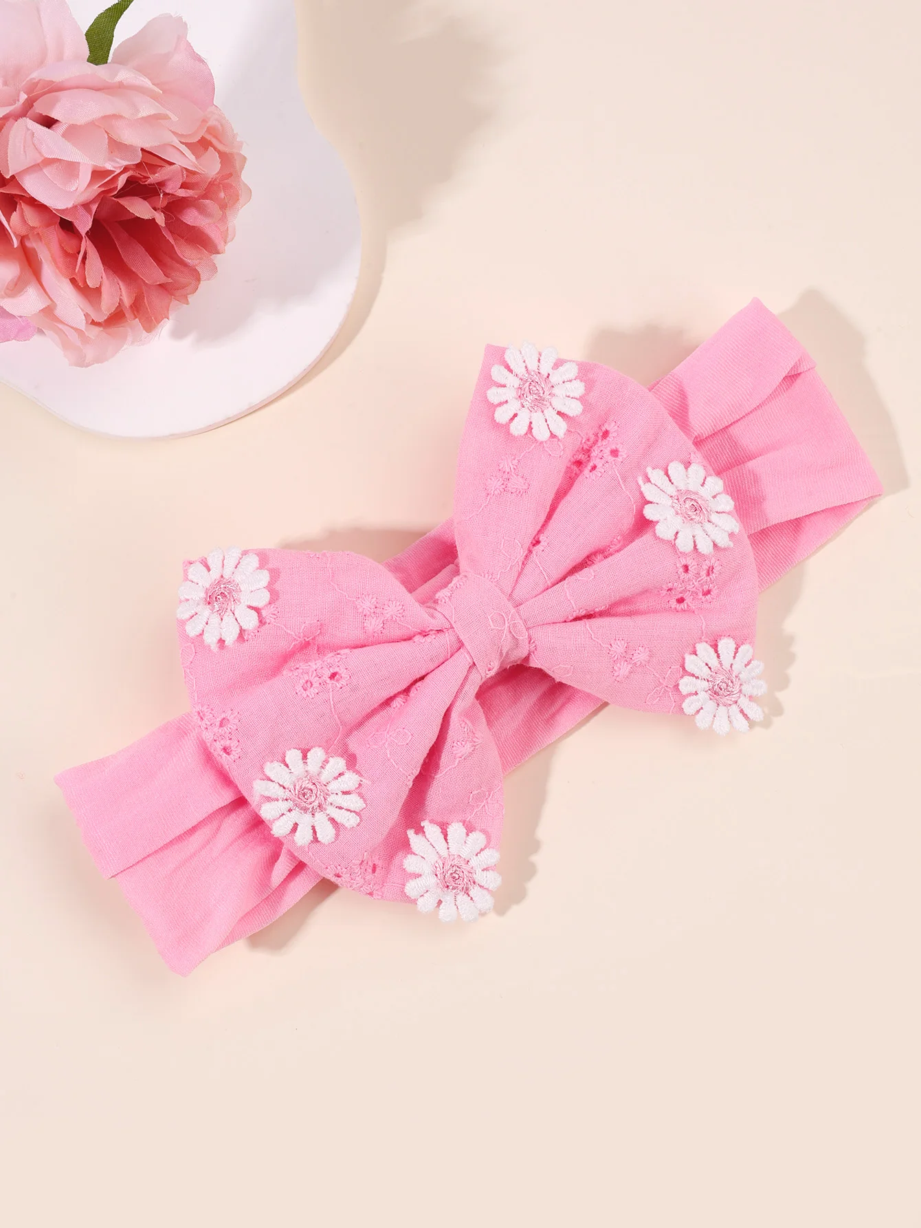 1 PC Baby Pink Bow Headband with Flowers Pattern Elastic Bow Headband for Baby Soft Fabric Bow Headband Toddler Hair Accessories