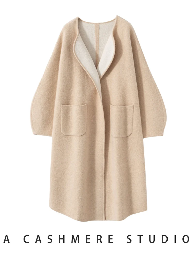 Chic Autumn Winter Women's Lantern Sleeve Cashmere Coat Warm Soft 100% Cashmere Cardigan Casual Loose Comfort Clothing Tops