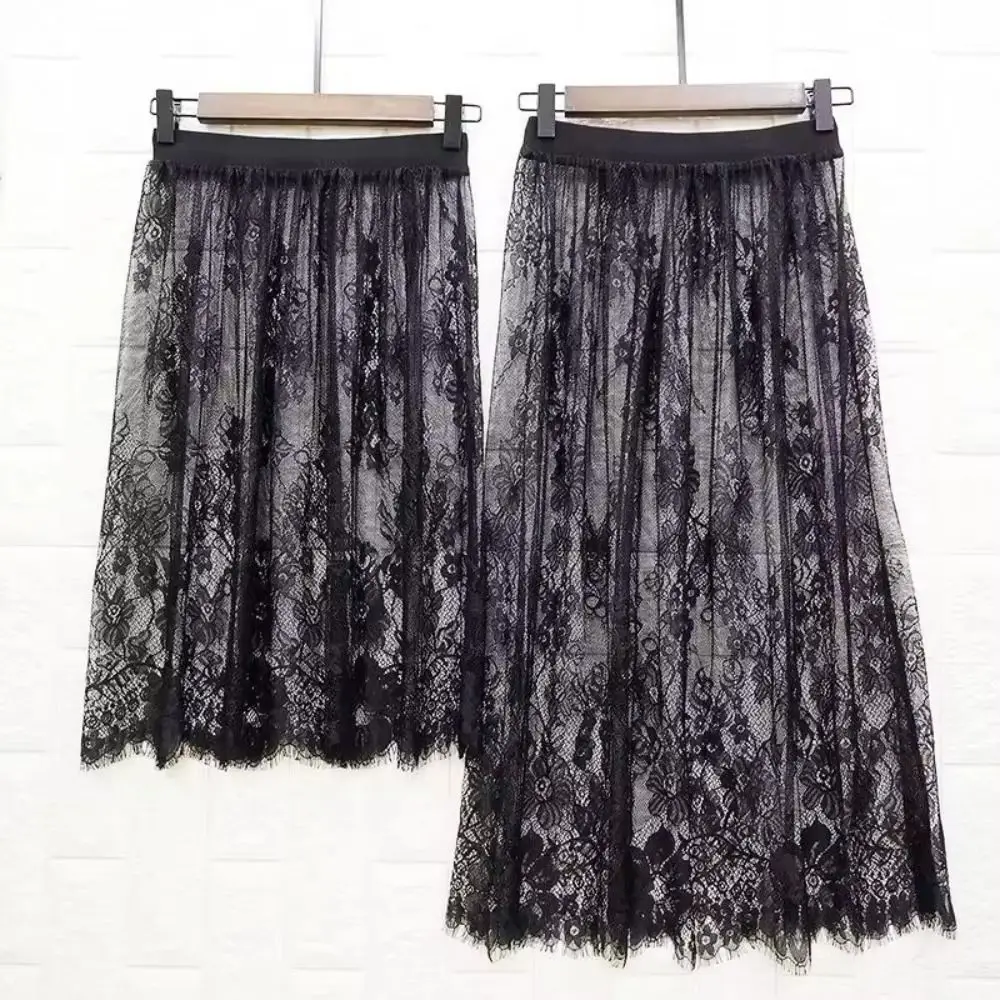 تنورة شبكية أنيقة على شكل حرف A من الدانتيل بخصر عالٍ من التول تنورة كورية شفافة مرنة متوسطة الطول للصيف