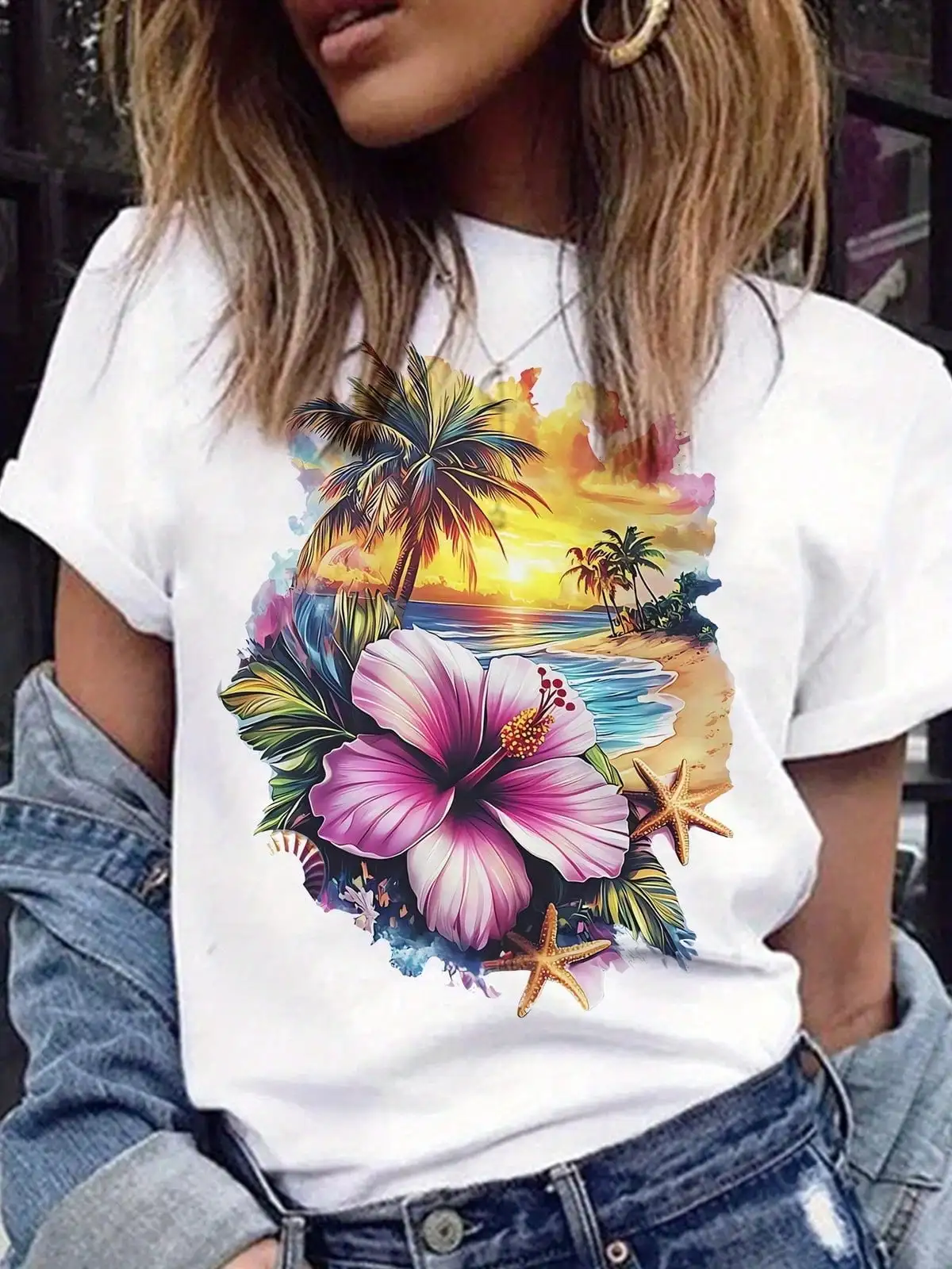 Women's Hibiscus Flower Print-Shirt - Beach Sunset Hawaiian Flower, Short Sleeve Crew Neck Casual Blouse Summer Beachwear, Vacation Outfits