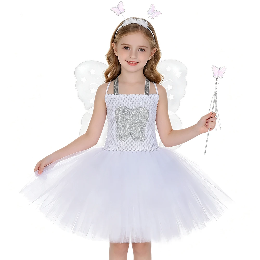 Tooth Fairy Costume for Girls White Magical Princess Tulle Tutu Dress Kids Halloween Carnival Birthday Party Dress Up with Wings