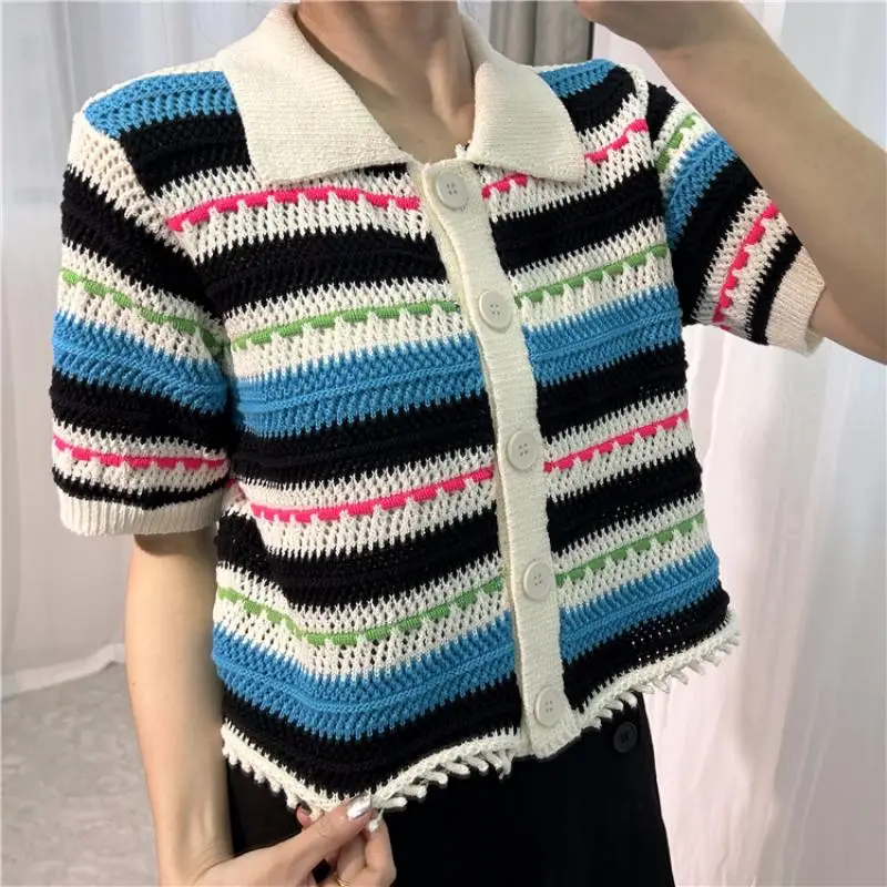 Polo Collar Stripe Short Sleeve Loose T-Shirt Women Spring/summer New Hollow Out Contrast Knitted Cardigan Casual Tops