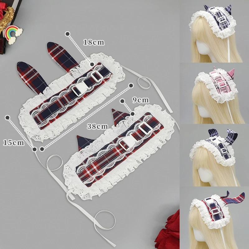 체크 패턴 토끼 귀 코스프레 헤드웨어 로리타 소녀 러플 레이스 조절 가능한 고양이 귀 머리띠 코믹콘 무대 의상 액세서리