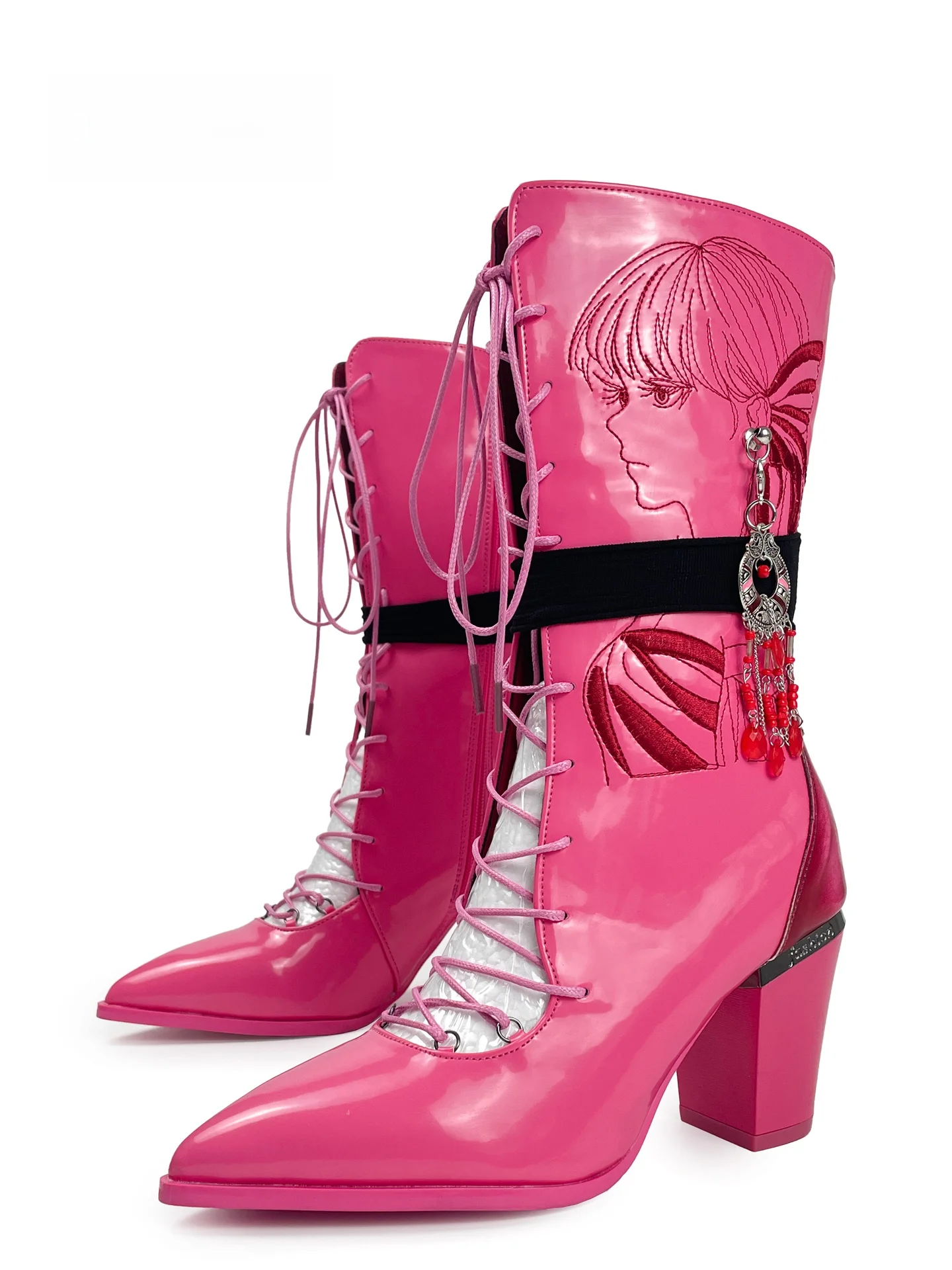 

MibVias Pink Spicy Hollow Embroidery Mid-Calf Boots Women's Increased 9CM Pointed Toe Strap Boots Fashionable Waterpro...