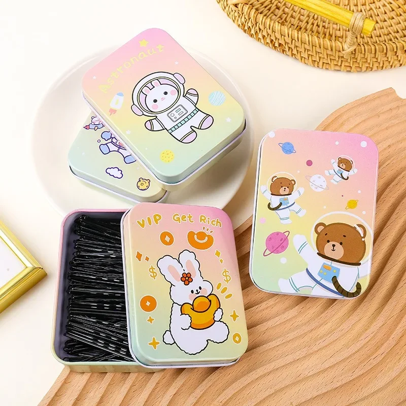 Creative Cute Cartoon Printed Rectangle Iron Box Jewelry Hairpin Storage Box Stamp Button Pin Organizer Small Object Organizer