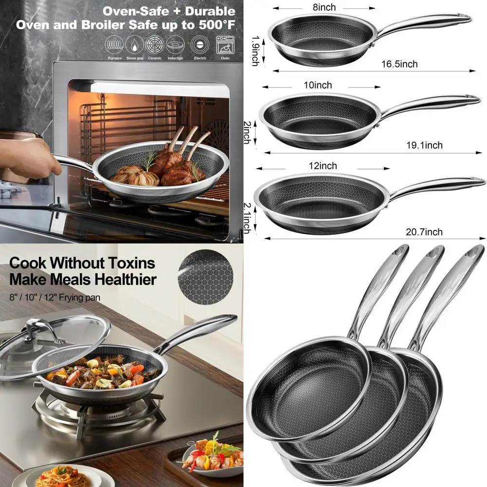 

10 & 12 Inch Stainless Steel Nonstick Frying Pans with Lid, Tri-Ply for All Cooktops, Oven and Dishwasher Safe, Silver