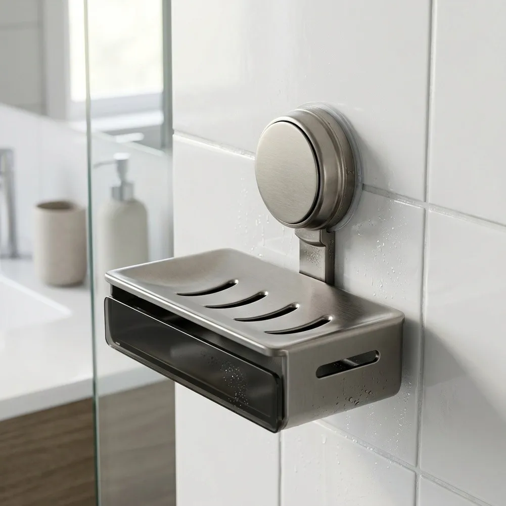 Wall Mounted Soap Dish for Bathroom Glass Rustproof Aluminum Alloy Self Draining Design 12.5x8.5x13cm Gunmetal Gray