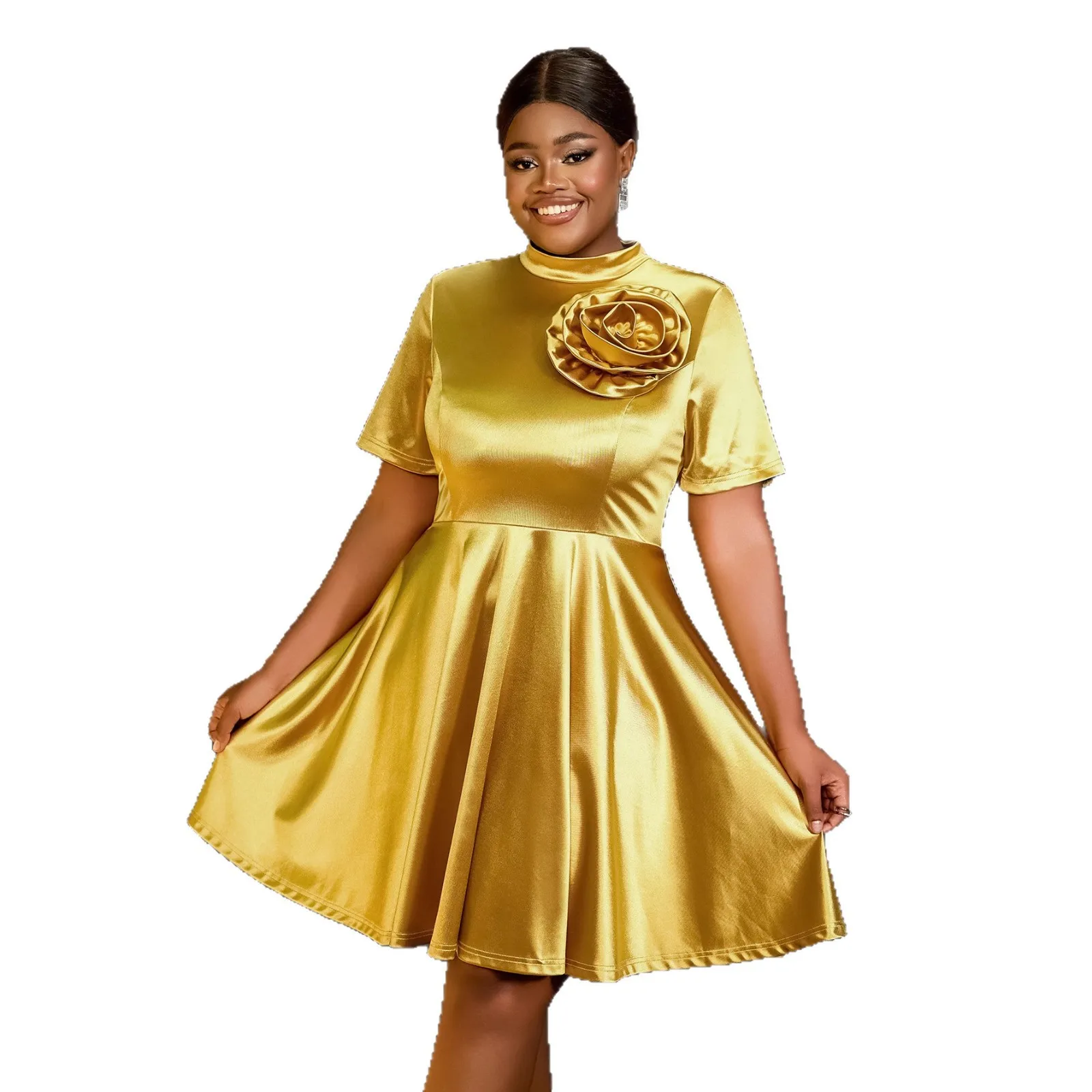 

L-4XL африканские платья больших размеров для женщин, элегантное золото 2026 с коротким рукавом и круглым вырезом, вечернее платье длиной до колена, африканская одежда