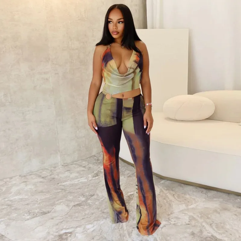 

KEXU Print Summer Street Women Sleeveless Pile Collar Halter Hollow Out Jumpsuits Sexy Party Outfit One Piece Suit Rompers