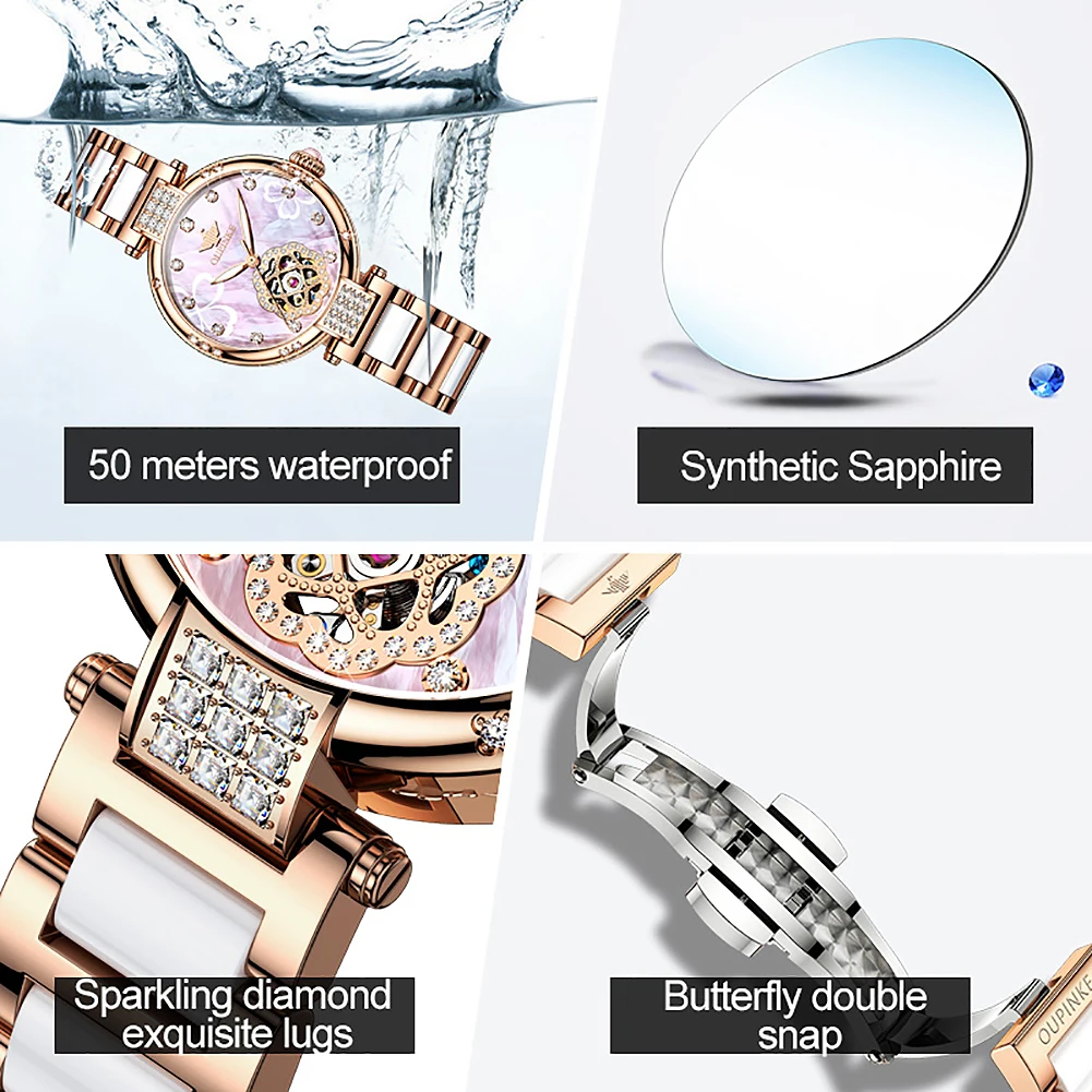 OUPINKE Automatic Mechanical Watch for Women Fashion Rose Gold Ceramic Strap Original Luxury Ladies Wrist Watch Relogio Feminino