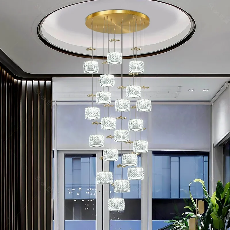 Modern light luxury crystal stair chandelier, duplex villa ceiling living room long chandelier, creative LED lighting